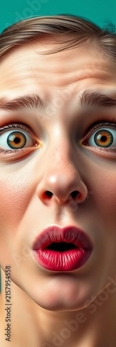Surprised facial expression with pursed lips isolated on a teal background, expression portrait, young adult