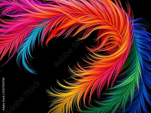 Vibrant, swirling feathers on a dark background, surreal, creative