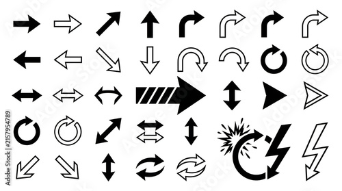Collection of black arrow symbols pointing in different directions illustration