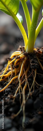 Macro shot of roots of a plant emerging from soil sample, ||roots, agriculture