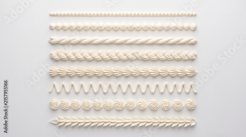 White frosting borders set, decorative cream piping collection, sweet cake icing swirls and whipped cream textures isolated PNG with Transparent Background