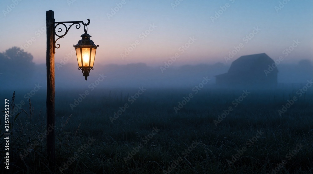 Obraz premium Old fashioned lantern hangs on wooden pole in misty field at dawn. Glowing lamp light illuminates fog during early morning sunrise. Rural landscape with barn silhouette in background. Calm serene