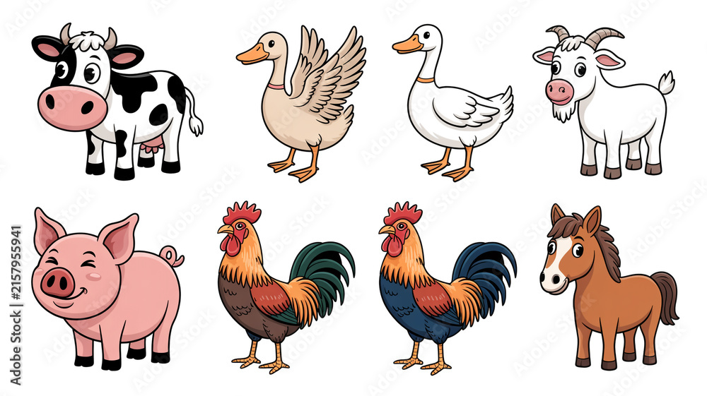 Fototapeta premium Colorful cartoon farm animals set including cow pig sheep rooster horse donkey in playful vector illustration with animal characters, cute animals