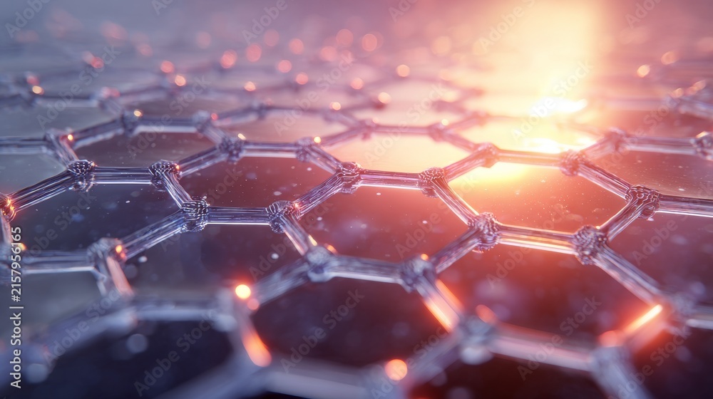 Fototapeta premium Close-up view of a transparent, crystalline, honeycomb-structured material. Bright light shines through the interconnected hexagonal cells