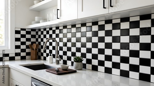 Kitchen sink area showcasing classic black and white checkered wall tiles with white marble countertop and faucet.