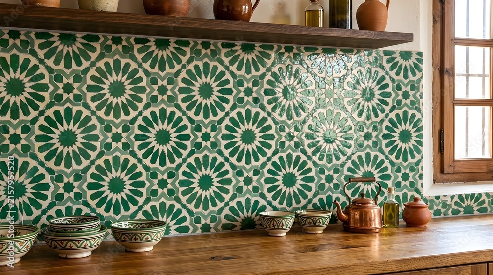 Obraz premium Traditional green zellige tile backsplash in mediterranean kitchen adds vibrant geometric patterns to home decor.