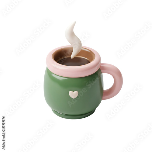 Green pink coffee mug hot drink ceramic cup asset with beverage breakfast caffeine espresso cappuccino tableware illustration background rendering lifestyle happiness as clean cutout
