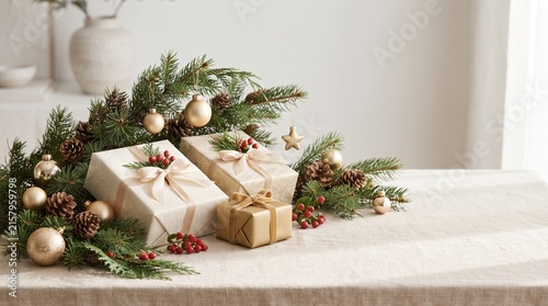 Принти на полотні Festive holiday gift boxes decorated with pine branches and ornaments in a beaut