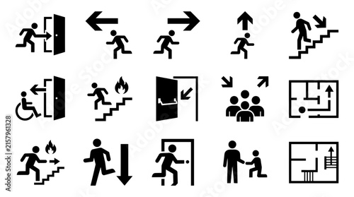 Emergency Exit Sign Icons Set with Fire Evacuation Symbols