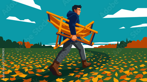 Man Carrying Foldable Chair Through Autumn Field with Fallen Leaves Autumn fall atmosphere. autumn vibe.