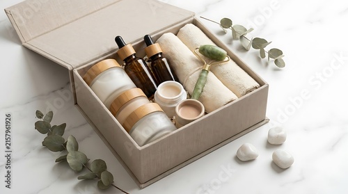 Natural skincare gift set with bottles and cream jars. limited edition beauty bundles