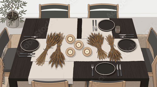 Cozy Autumn Dining Table Setting with Wheat Bundles and Candles for Fall Harvest Celebration Autumn fall atmosphere. autumn vibe.