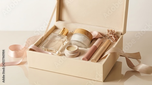 Open cardboard box with craft supplies and tools. limited edition beauty bundles