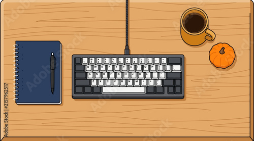Cozy Autumn Workspace with Coffee and Pumpkin Autumn fall atmosphere. autumn vibe.