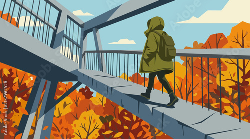 Person walking on elevated walkway amidst vibrant autumn foliage and crisp fall atmosphere Autumn fall atmosphere. autumn vibe.