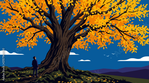 Man Gazing at Majestic Autumn Tree with Golden Foliage Under Blue Sky Autumn fall atmosphere. autumn vibe.