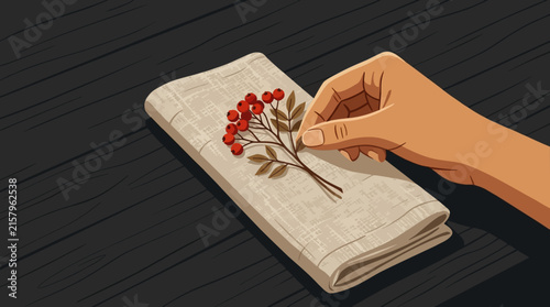 Cozy Autumn Scene Hand Placing Rowan Berries on Folded Newspaper Warm Aesthetic Autumn fall atmosphere. autumn vibe.