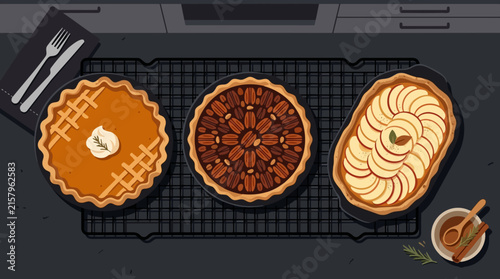 Cozy Autumn Pies Assortment Pumpkin Pecan Apple on Cooling Rack Autumn fall atmosphere. autumn vibe.