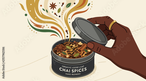 Cozy Autumn Chai Spices Blend Open Tin Aroma Warmth Autumn fall atmosphere. autumn vibe.