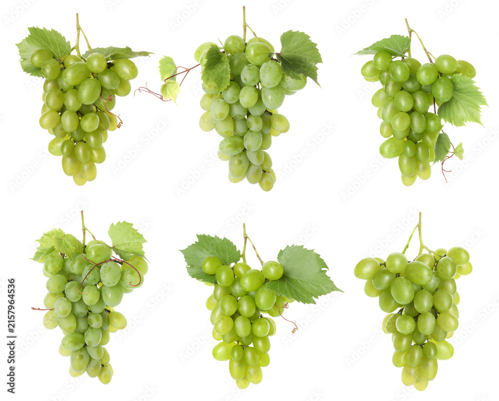 Naklejka premium Fresh grapes. Many clusters isolated on white, set