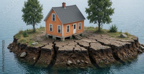 Small orange house on unstable ground by water. Island land breaks apart showing earth layers. Coastal erosion threatens isolated home near trees.