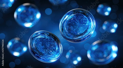 Abstract Blue Bubbles with Glowing Particles Floating in Dark Space, Microscopic View