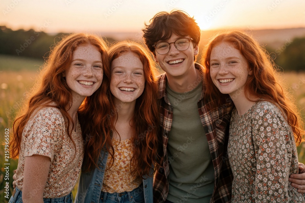 Obraz premium Four smiling teenagers with red hair and freckles pose outdoors during sunset. The group of friends share a happy moment against a warm, golden light in a grassy field.