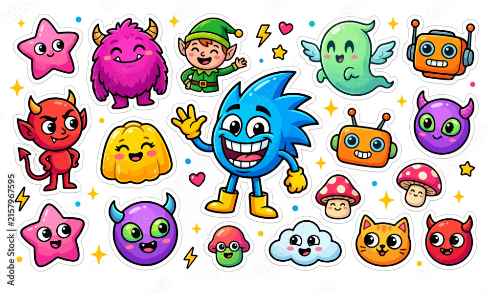 Fototapeta premium Fun sticker collection with cute creatures robots mushrooms and monsters provides cheerful visual assets for creative projects kids.