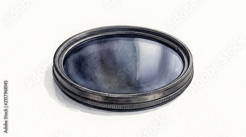 Circular polarizing lens filter for controlling glare and enhancing outdoor photography, watercolor illustration isolated on white.
