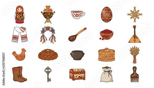 Фотография Slavic Traditional Culture and Russian Folklore Colorful Vector Icon Set featuri