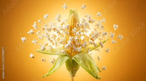 Dynamic studio image of corn on the cob transforming into fluffy popcorn explosion