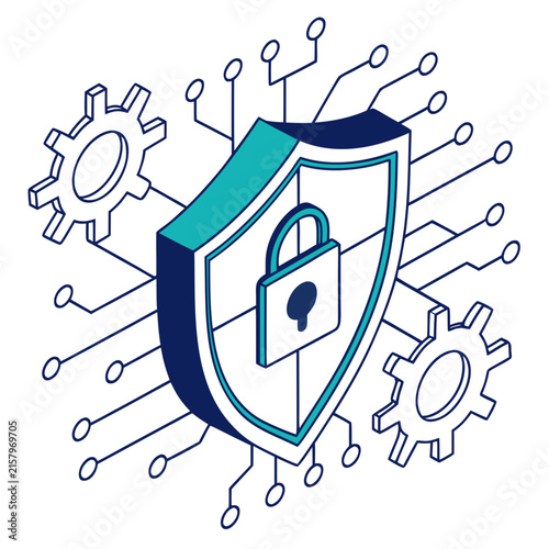 Shield graphic with padlock depicts cybersecurity and system protection.