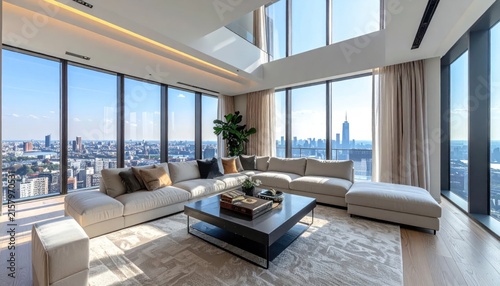 Luxury penthouse living room with New York City skyline view