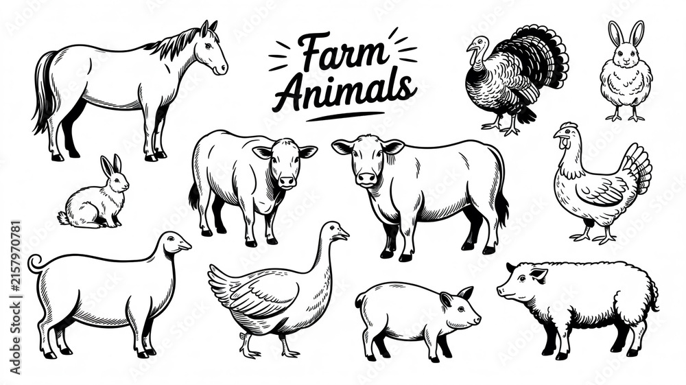 Fototapeta premium Black and white line drawing illustration of various farm animals including cows pigs sheep chickens in a pastoral farmyard scene with rural life