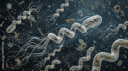 Microscopic 3D illustration of spiral Helicobacter pylori bacteria in dark space