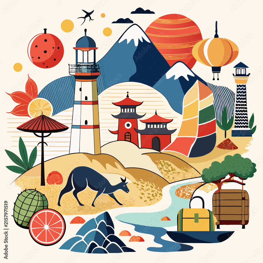 Naklejka premium A travel themed featuring a lighthouse, mount fuji, a kangaroo, and a red sun circle japan mountain