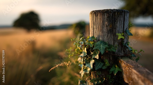 Rustic weathered wooden fence post wrapped in lush green ivy against a golden sunset background with hour sunset countryside post entwined vibrant