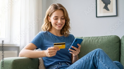 Safe mobile banking. Smiling beautiful lady client hold mobile phone credit bank card do online shopping provide internet payment. Happy young woman enjoy easy fast secure transferring money in ebank 