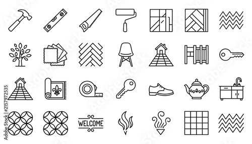 Home renovation and interior design line icon set featuring flooring patterns tools fabric samples keys and furniture