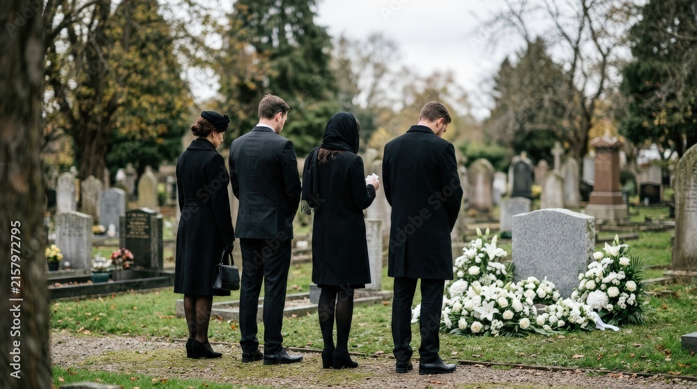 Obraz premium Individuals in black attend a graveside service, observing a moment of silent grief. This somber event highlights end-of-life care and communal mourning.