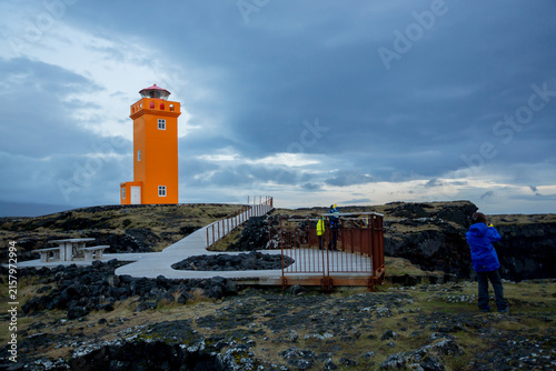 Lighthouse in lava field in beautiful nature in Snaefellsjokull National Park in Iceland, autumntime
