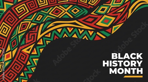 Black History Month banner with colorful african tribal pattern and geometric shapes on a dark solid background design