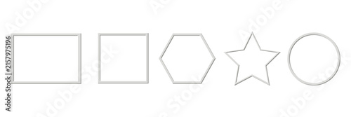 Photo frame mockup set, realistic image frame vector illustration. Minimalist geometric outline shapes collection with rectangle hexagon star and circle