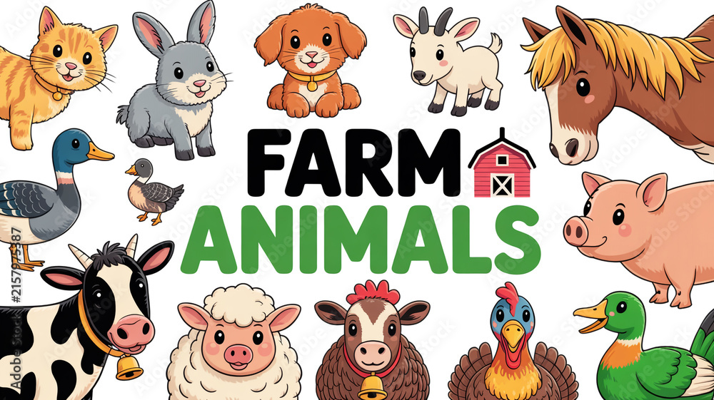 Naklejka premium Colorful farm animals illustration set featuring cows pigs sheep chickens a rooster with a rustic wooden fence background animal characters children