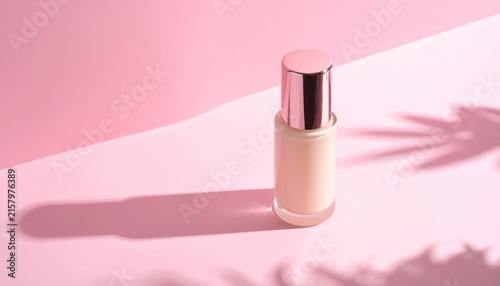 Makeup foundation bottle on pink surface with leaf shadows