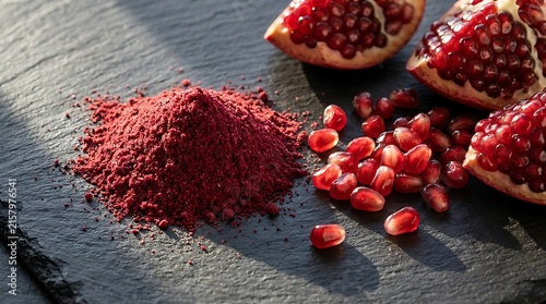 Fresh pomegranate seeds and red powder on a dark stone board. Pomegranate powder