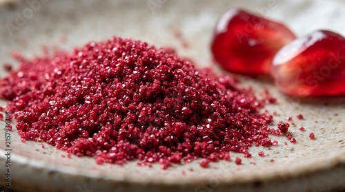 Pile of fresh red pomegranate seeds on a stone plate. Pomegranate powder