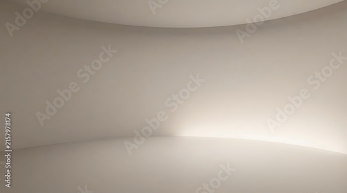 Minimalist curved white room with soft indirect lighting and smooth walls creating a serene, empty studio space.