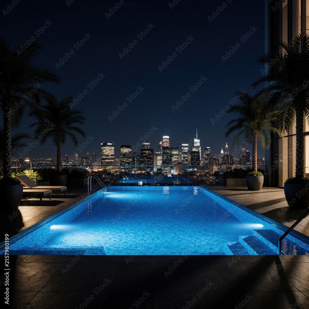 Fototapeta premium Rooftop pool glows at night with city skyline backdrop. Palm trees frame view of urban lights under dark starry sky. Luxury resort vibe for relaxation and vacation.
