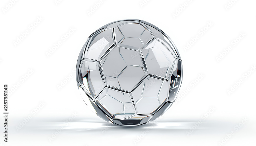 Fototapeta premium Soccer ball made of transparent glass rests on a clean white surface with subtle reflections creating a sleek modern look.